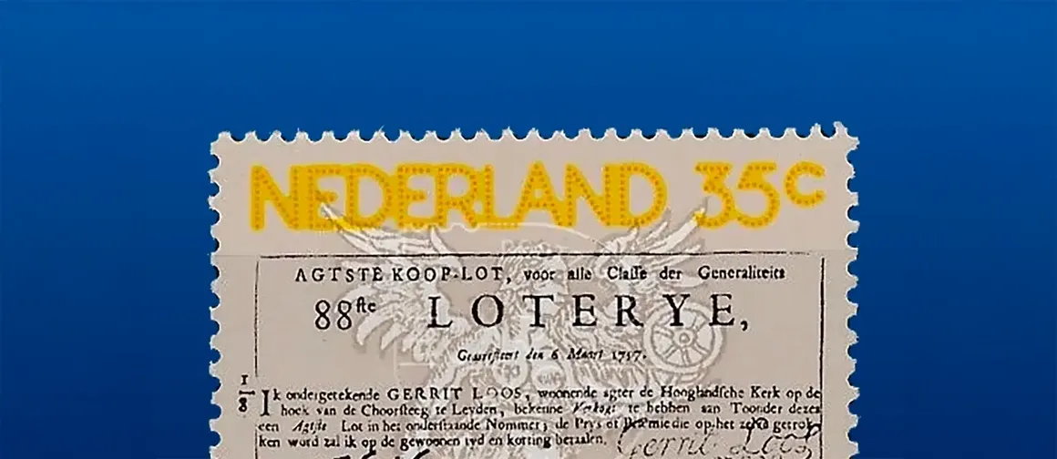 Historisch lot van de Staatsloterij met gele opschrift Nederland en lotnummer.