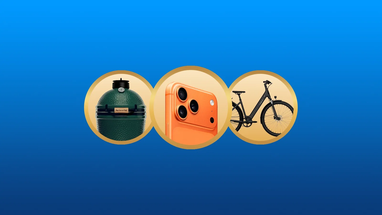 Afbeelding van een groene BBQ, een oranje smartphone en een zwarte fiets.