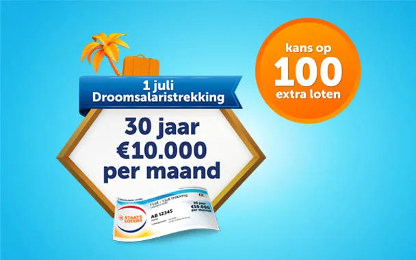 Afbeelding van de 1 juli Droomsalaristrekking met een Staatslot en de prijs van €10.000 per maand voor 30 jaar.
