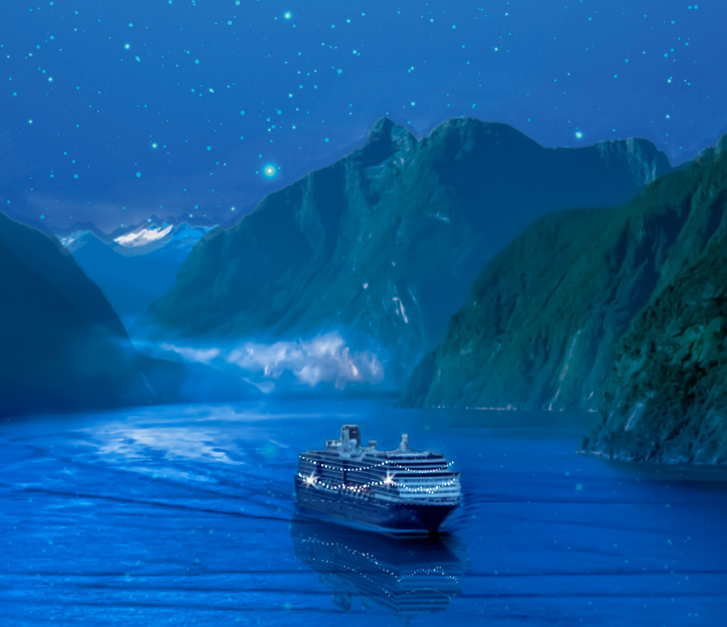 Een cruiseschip vaart door een kalme zee omringd door bergen onder een sterrenhemel.