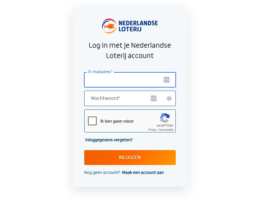 Inlogpagina voor Nederlands Loterij account
