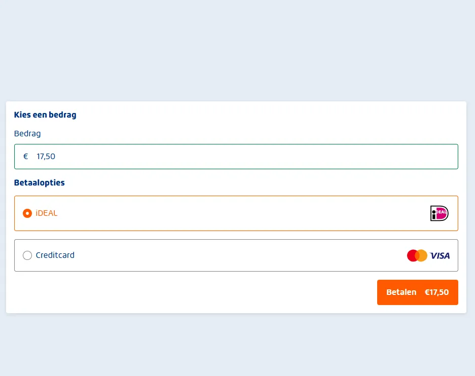 Betalingsscherm met bedrag €17,50 en opties iDEAL en Creditcard