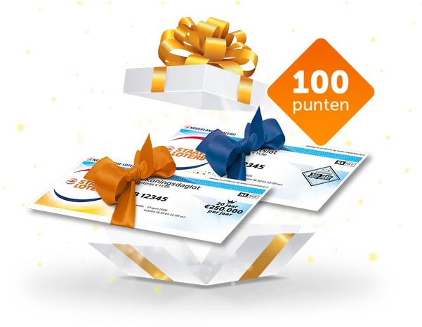 Twee Staatsloten met strikken, een cadeau met een gouden strik, en een indicatie van 100 punten.