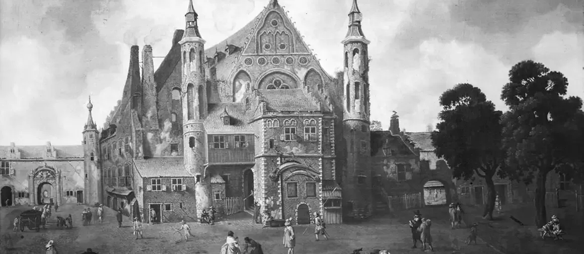 Historisch schilderij van een groot gebouw met torens en mensen op een plein