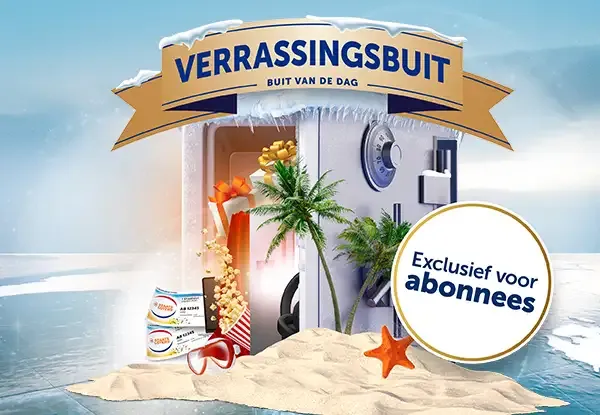 Verrassingsbuit campagne afbeelding met een kluis en tropische elementen, exclusief voor abonnees.