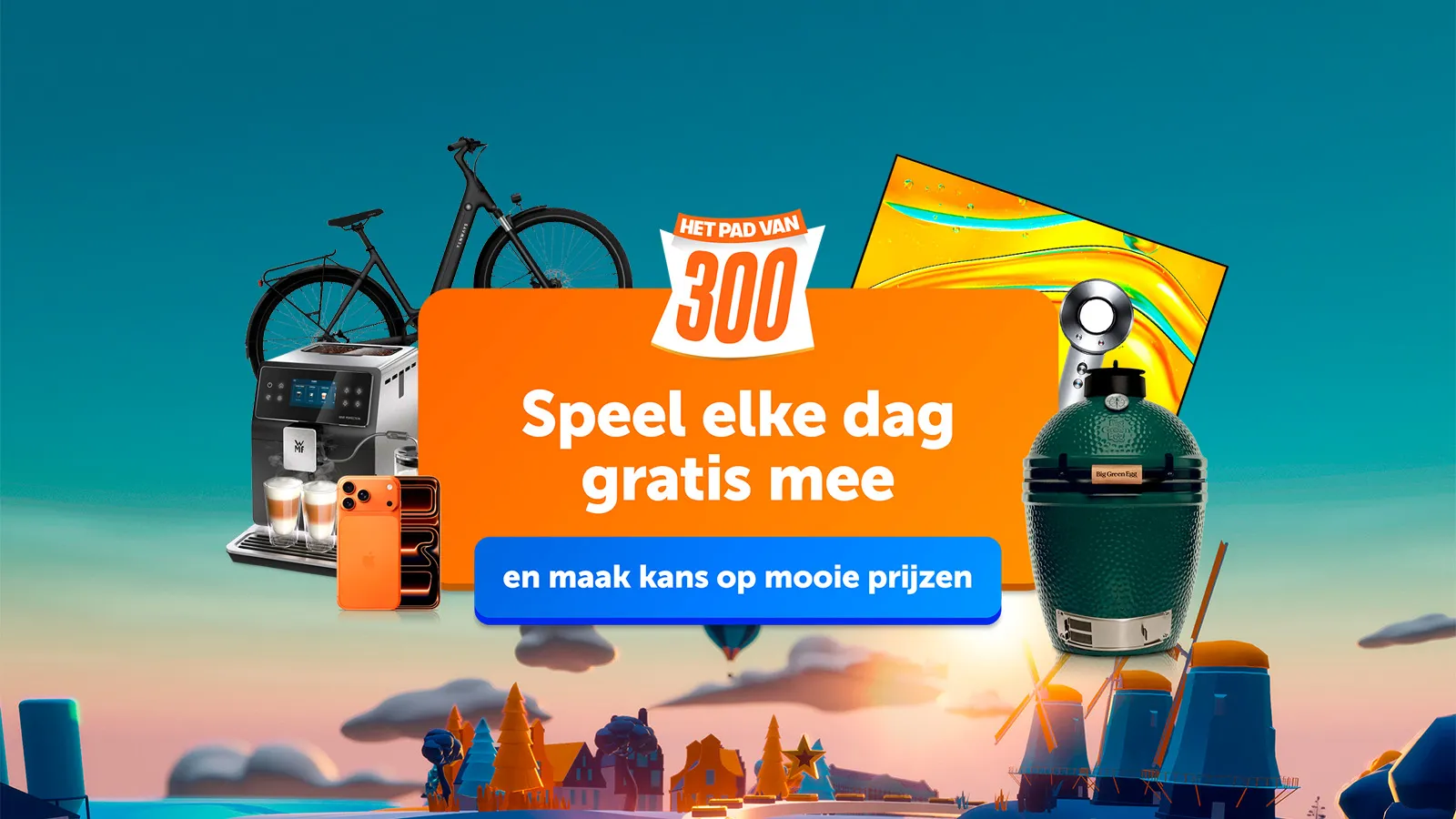 Afbeelding van verschillende prijzen zoals een fiets, smartphone en barbecue met de tekst 'Speel elke dag gratis mee'.