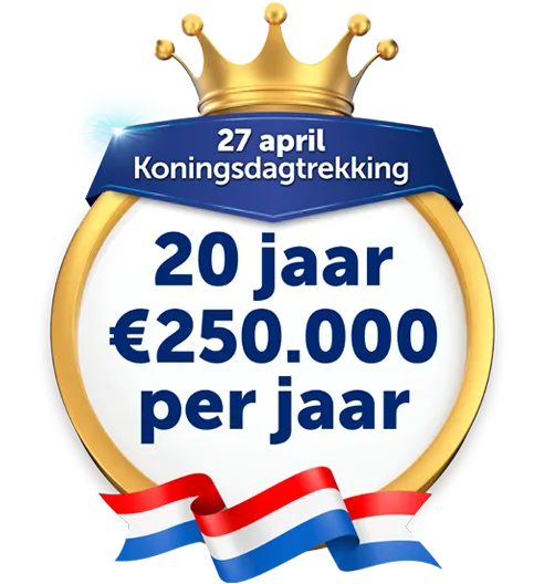 Logo voor 27 april Koningsdagtrekking met tekst: 20 jaar €250.000 per jaar.