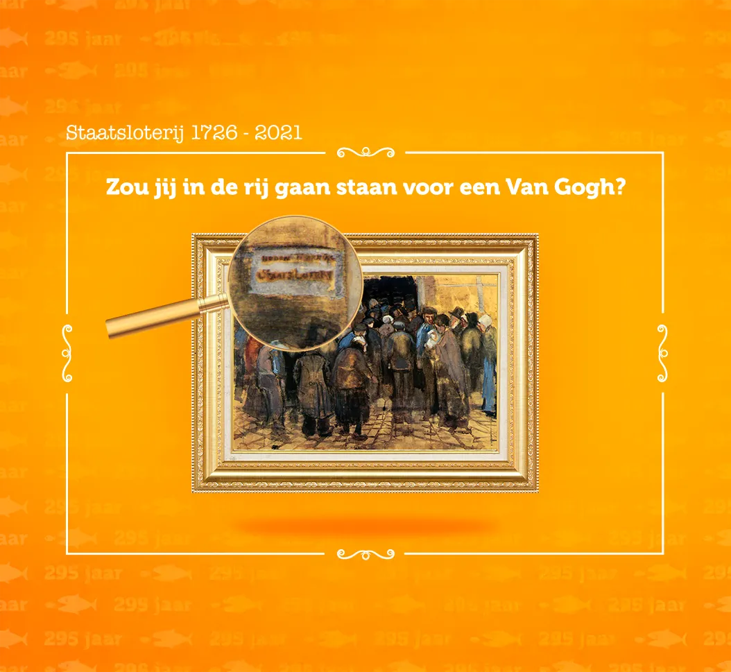 Verfijnde afbeelding van een Van Gogh met een vergrootglas erop, mensen in de rij voor het schilderij.