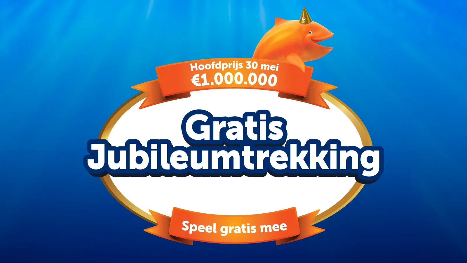Banner voor Gratis Jubileumtrekking met Hoofdprijs van €1.000.000 op 30 mei.