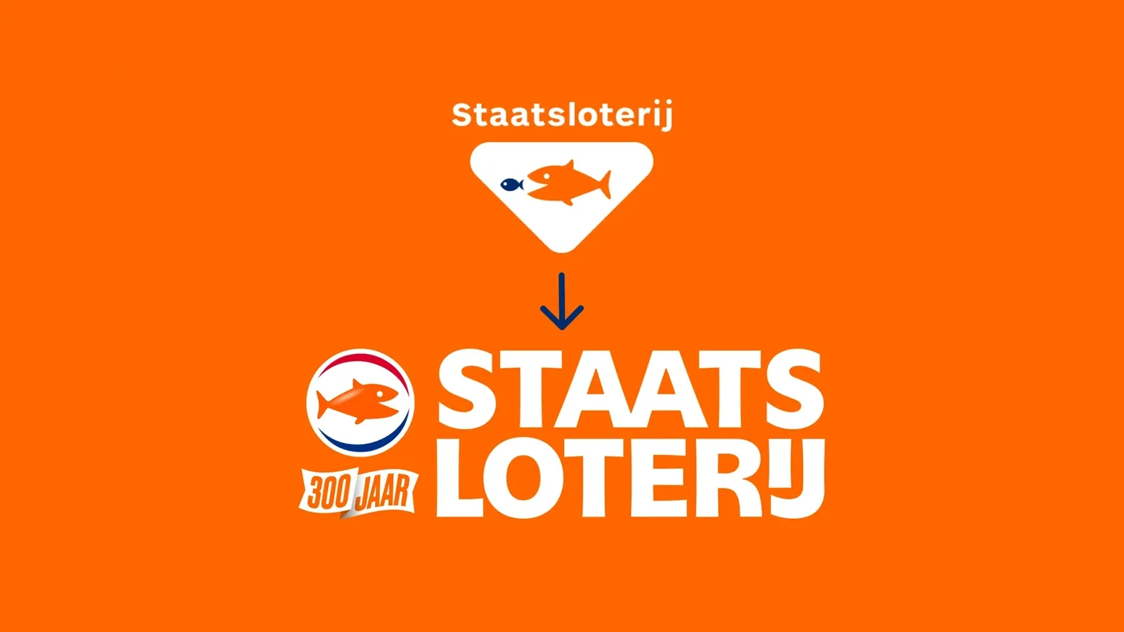 Logo van Staatsloterij met een oranje achtergrond en een vis symbool.