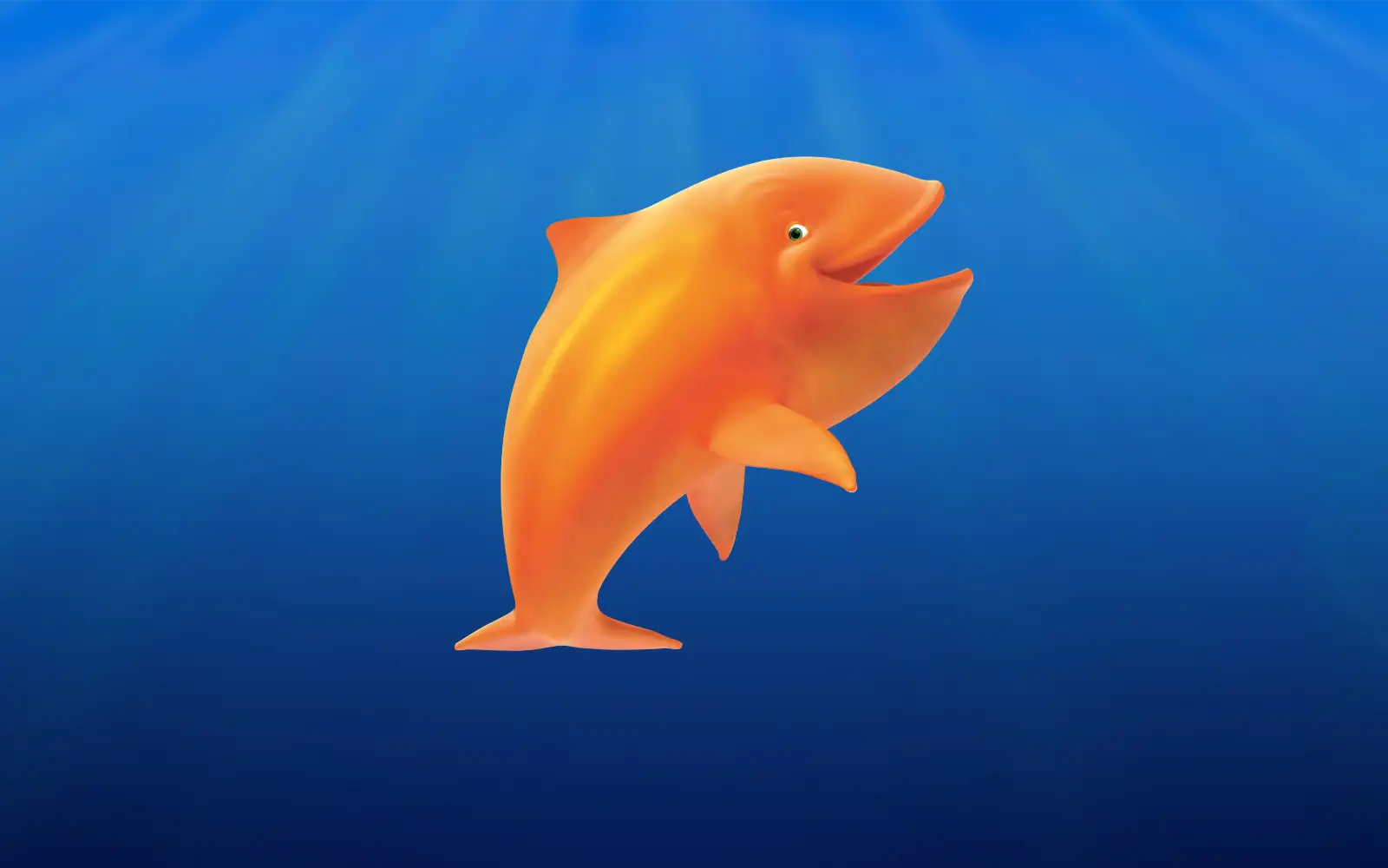 Een vrolijke oranje dolfijn die uit het water springt.