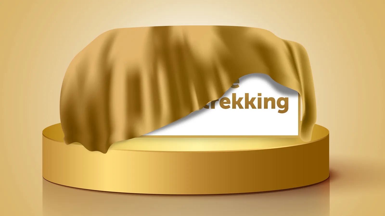 Goudkleurige draperie die een tekst onthult over een trekking.