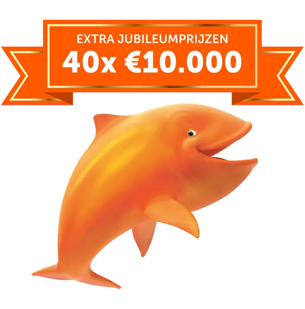 Een blije oranje vis met een banner voor Extra Jubileumprijzen 40x €10.000.