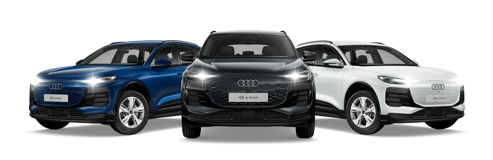 Drie Audi Q6 e-tron auto's in verschillende kleuren