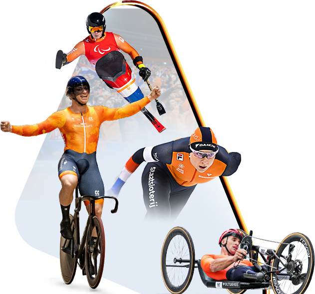 Sporters in actie met Staatsloterij logo, die diverse sporten beoefenen